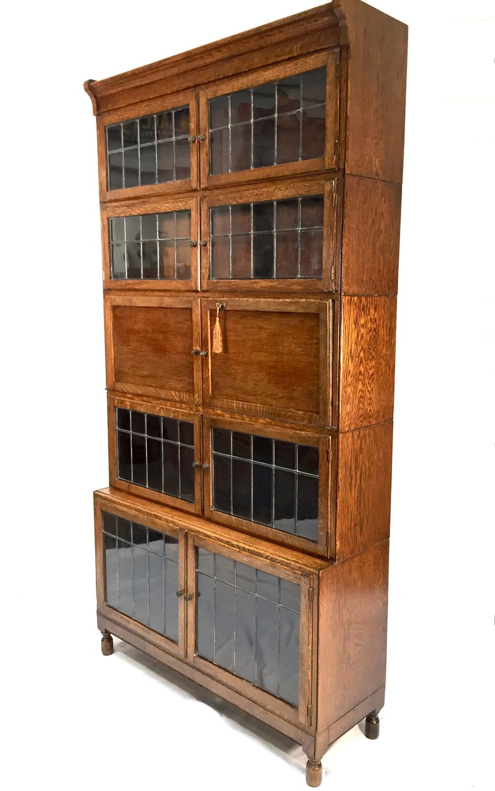 895.0 Antique 1930s Minty Oak Leaded Glass Fronted Sectional Bookcase & Bureau Cabinet photo