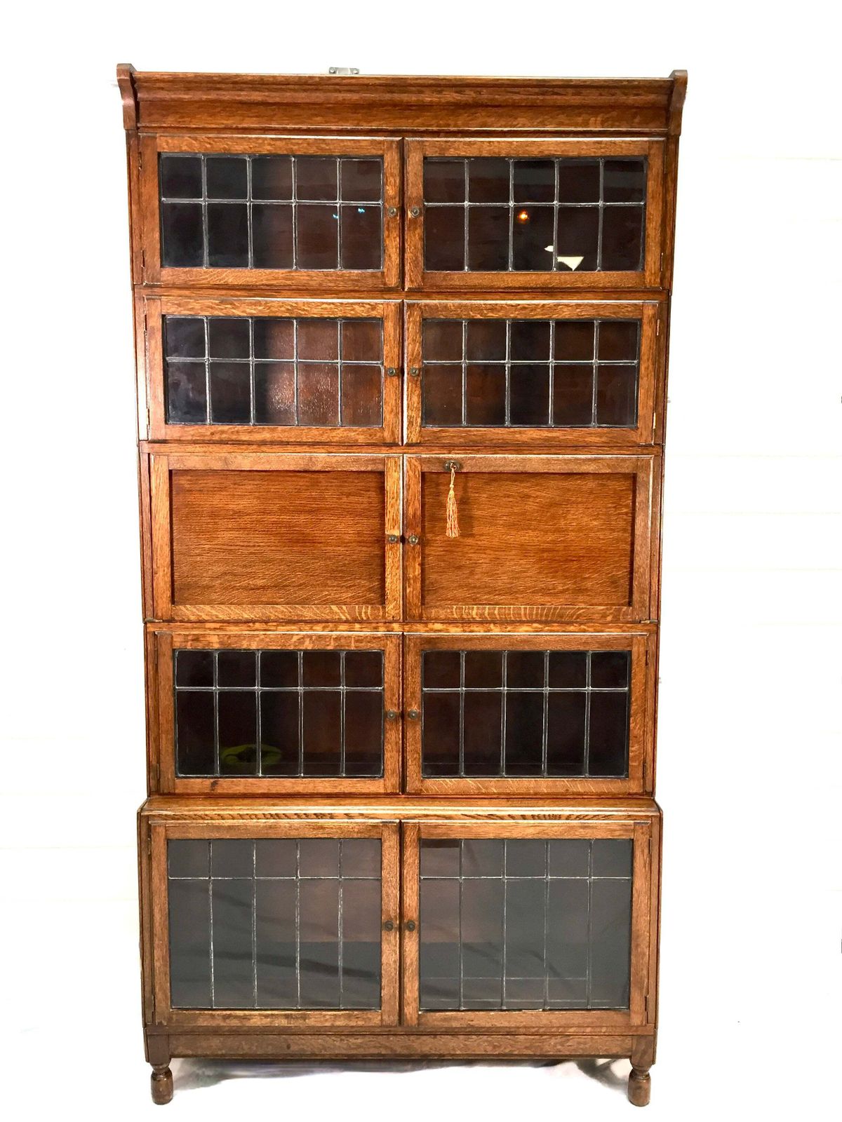 photo vinterior Antique 1930s Minty Oak Leaded Glass Fronted Sectional Bookcase & Bureau Cabinet