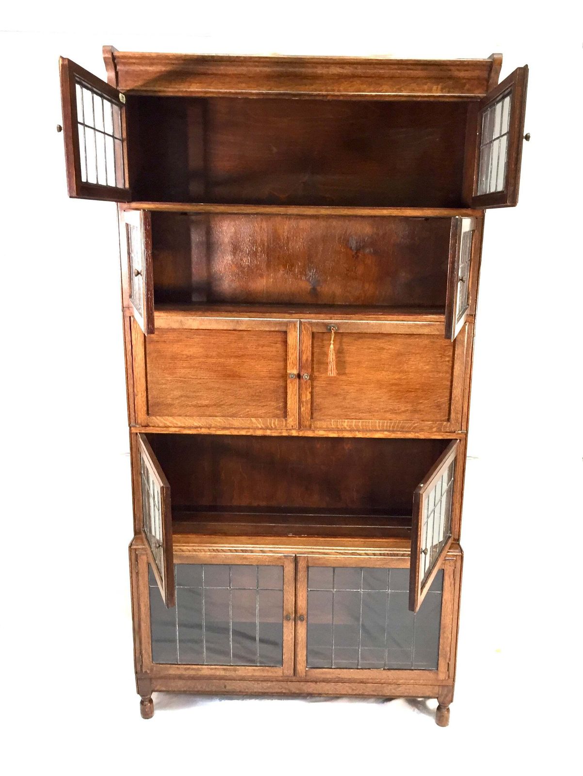 photo buy Antique 1930s Minty Oak Leaded Glass Fronted Sectional Bookcase & Bureau Cabinet
