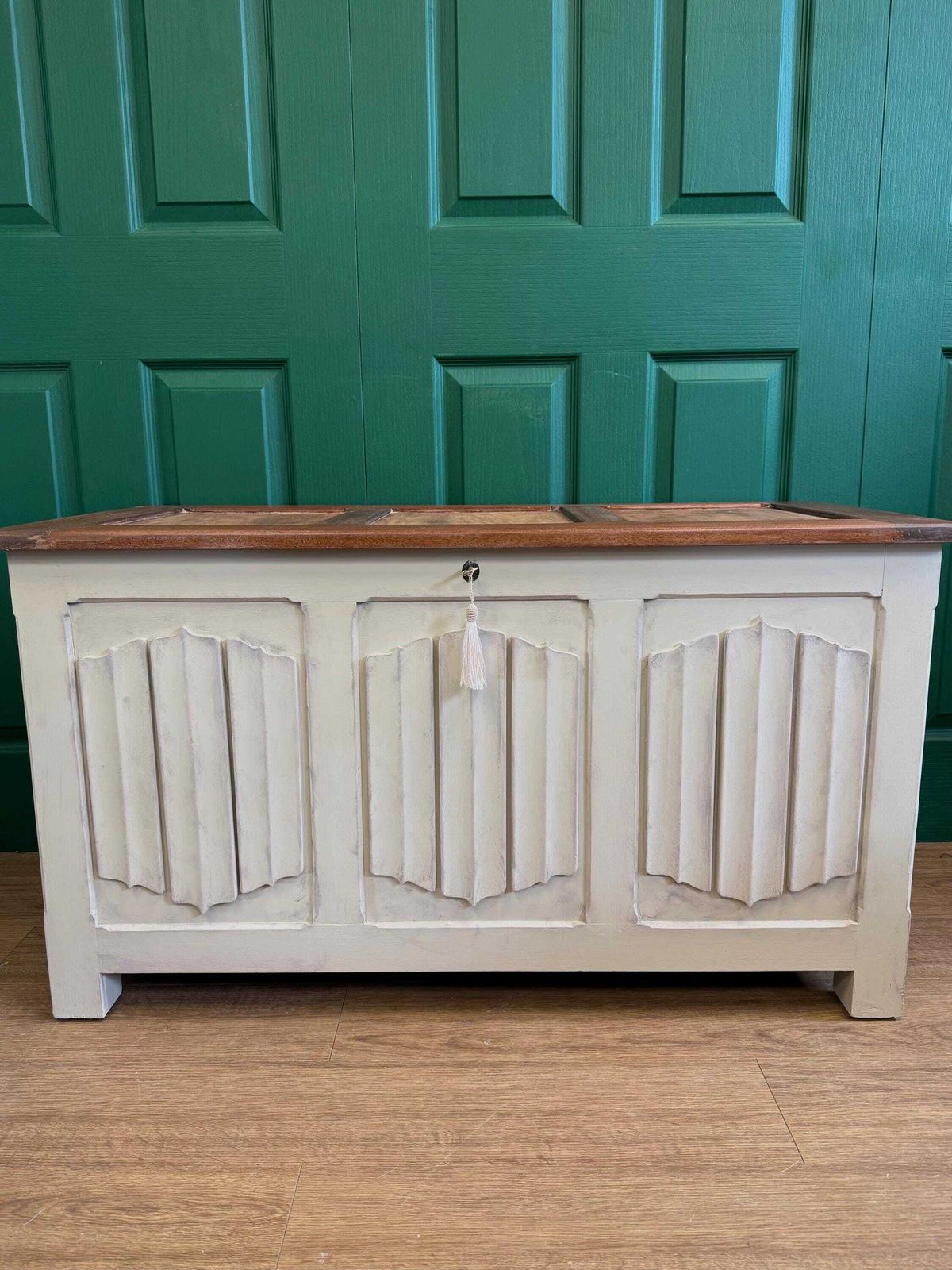 Refurbished Vintage Old Charm Style Blanket Box Trunk Ottoman Natural Cream photo vinterior