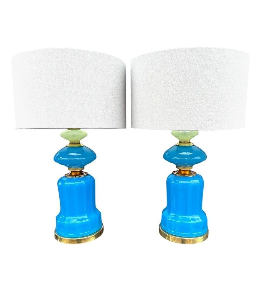 A Pair Of Blue Murano Glass Opaline Lamps By Cenedese With Brass Base And Fittings photo for sale