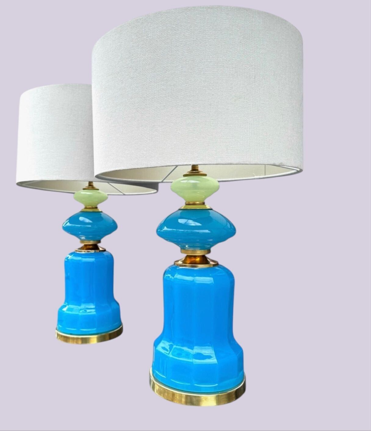 A Pair Of Blue Murano Glass Opaline Lamps By Cenedese With Brass Base And Fittings photo 2350.0