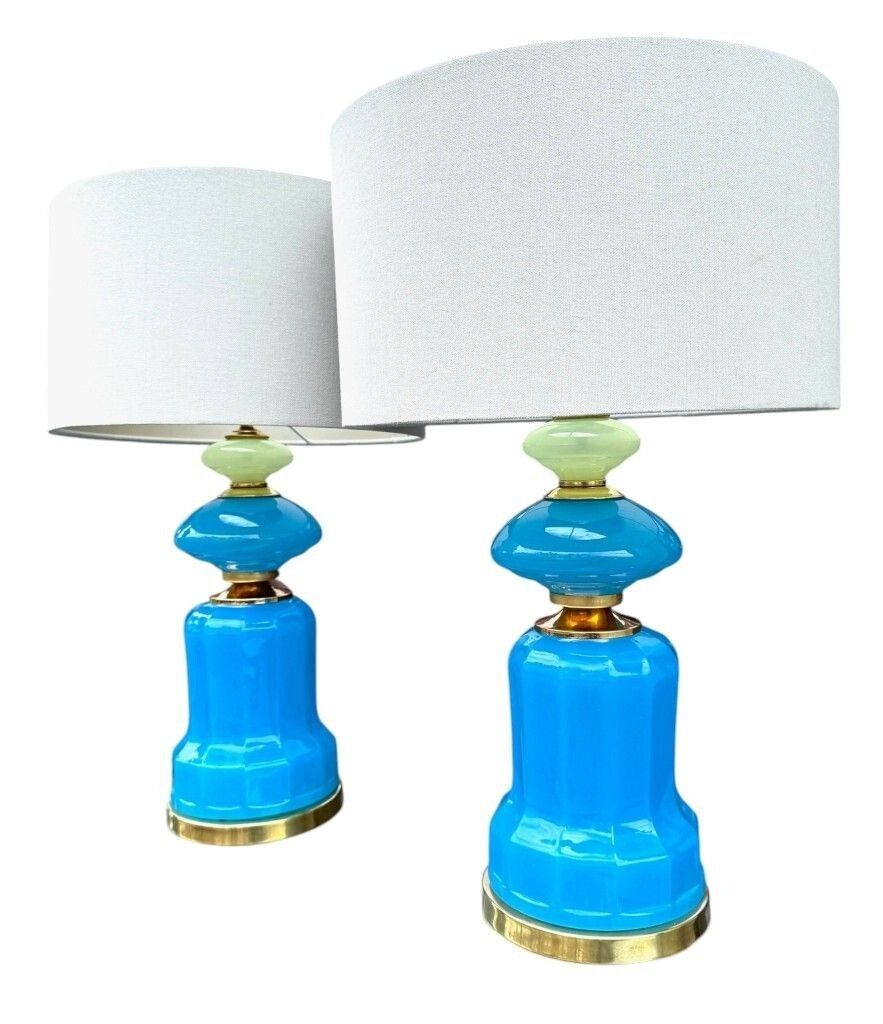 A Pair Of Blue Murano Glass Opaline Lamps By Cenedese With Brass Base And Fittings photo buy