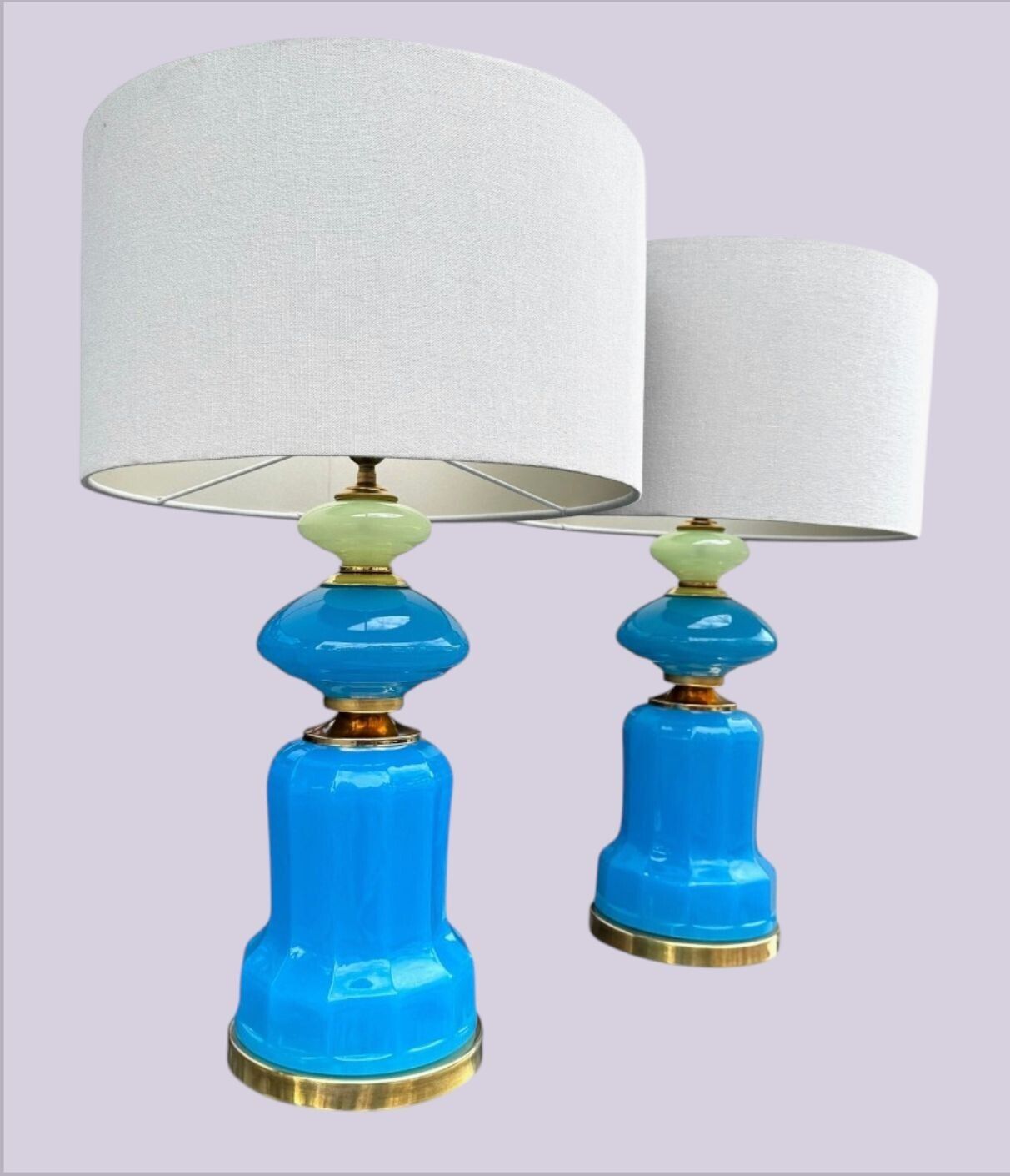 photo buy A Pair Of Blue Murano Glass Opaline Lamps By Cenedese With Brass Base And Fittings