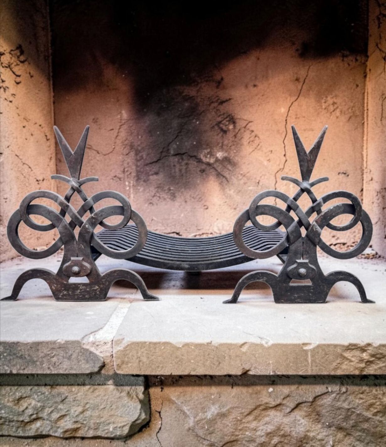 A Pair Of French Hand Forged Wrought Iron Fire Dogs In The Style Of Gilbert Poillerat photo furniture