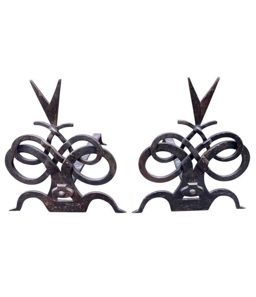 A Pair Of French Hand Forged Wrought Iron Fire Dogs In The Style Of Gilbert Poillerat photo vintage