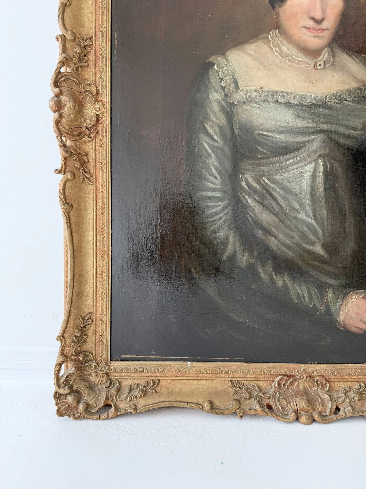 Pair Of Framed Oil On Canvas Portrait Paintings Of Man And Woman, 19th Century, English Provincial School photo vinterior