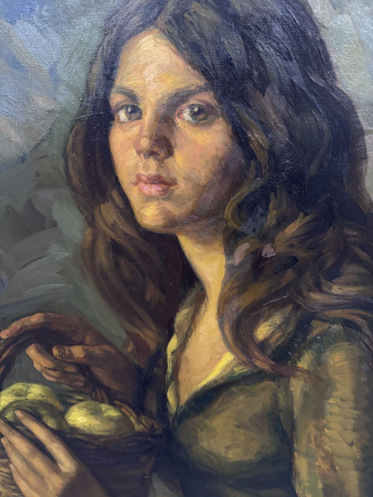 Luis Garcia Oliver Mediterranean Female Portrait With Fruit Basket, Spanish Figurative Oil Canvas 1974 photo vintage