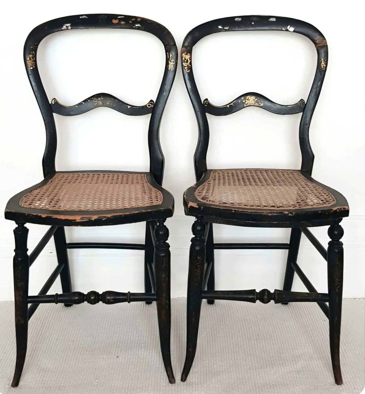 A Pair Of Victorian Ebonised Salon Chairs With Mother Of Pearl Inlay.