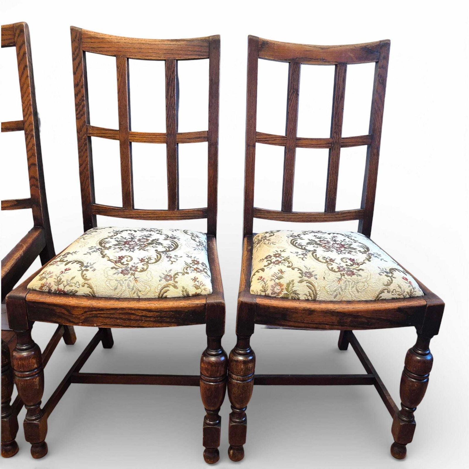 photo for sale Set Of 4 Arts & Crafts Oak Dining Chairs | Antique Oak Chairs | Upholstered Seats | Early 20th Century