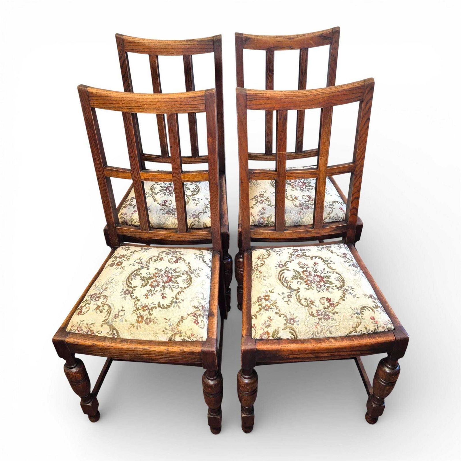 photo vinterior Set Of 4 Arts & Crafts Oak Dining Chairs | Antique Oak Chairs | Upholstered Seats | Early 20th Century