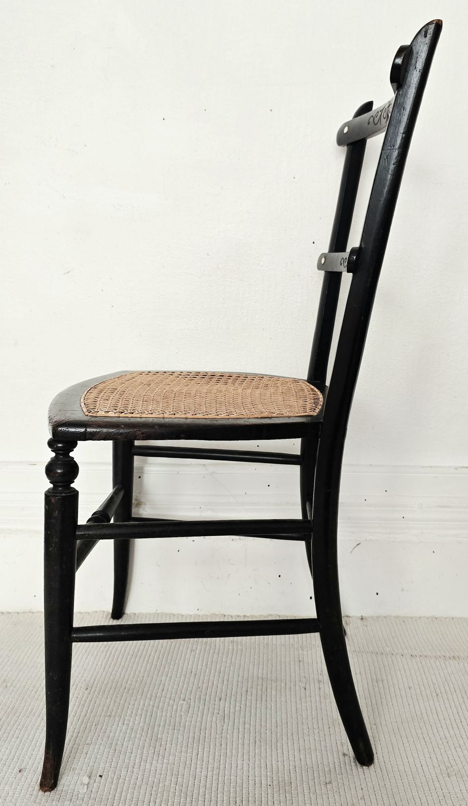 A Victorian Ebonised Salon Chair With Rattan Seat  & Bone Inlay. photo for sale