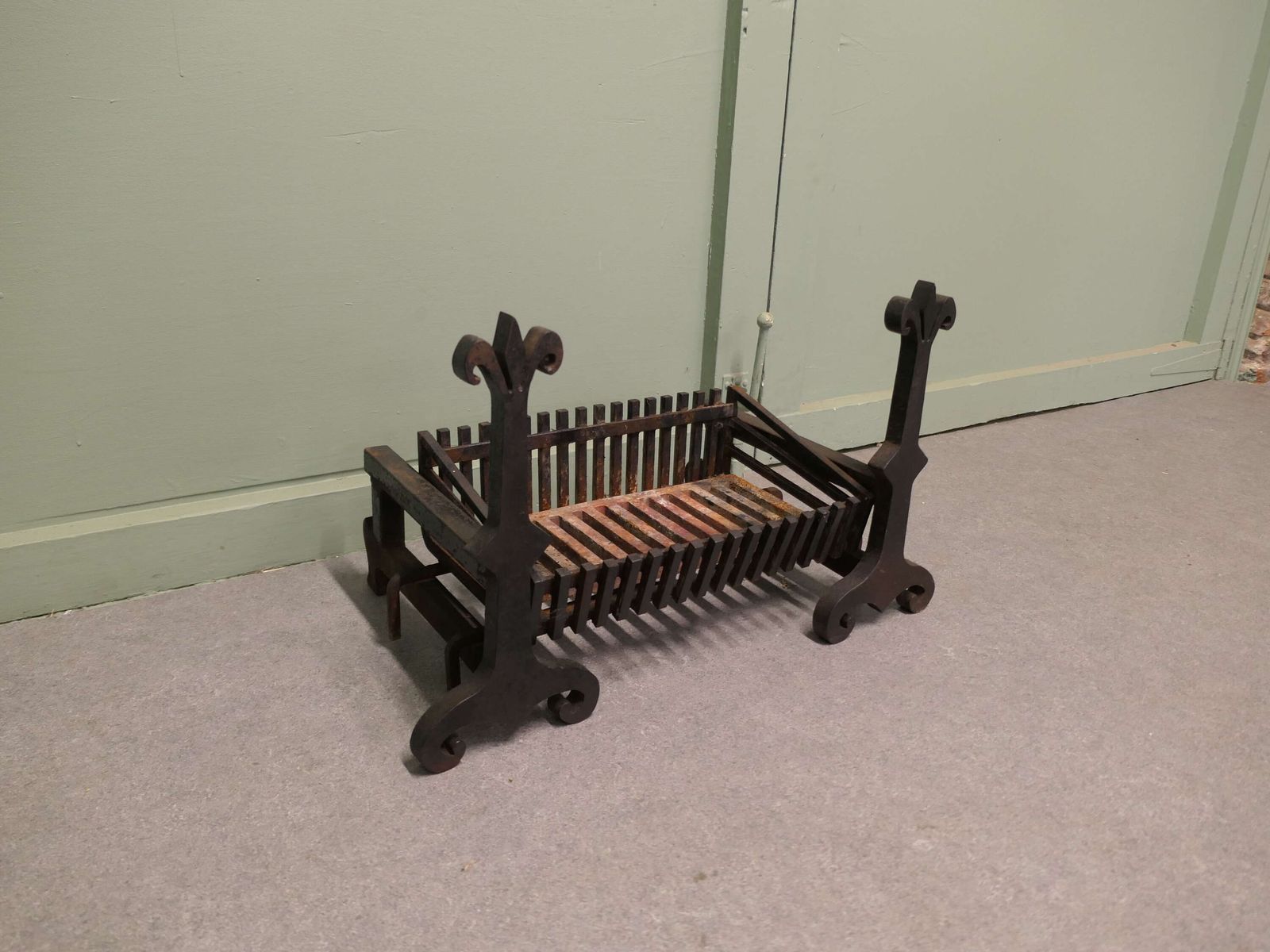 Large 19th Century Andirons With Grate These Are Heavy Hand Forged Iron Andirons