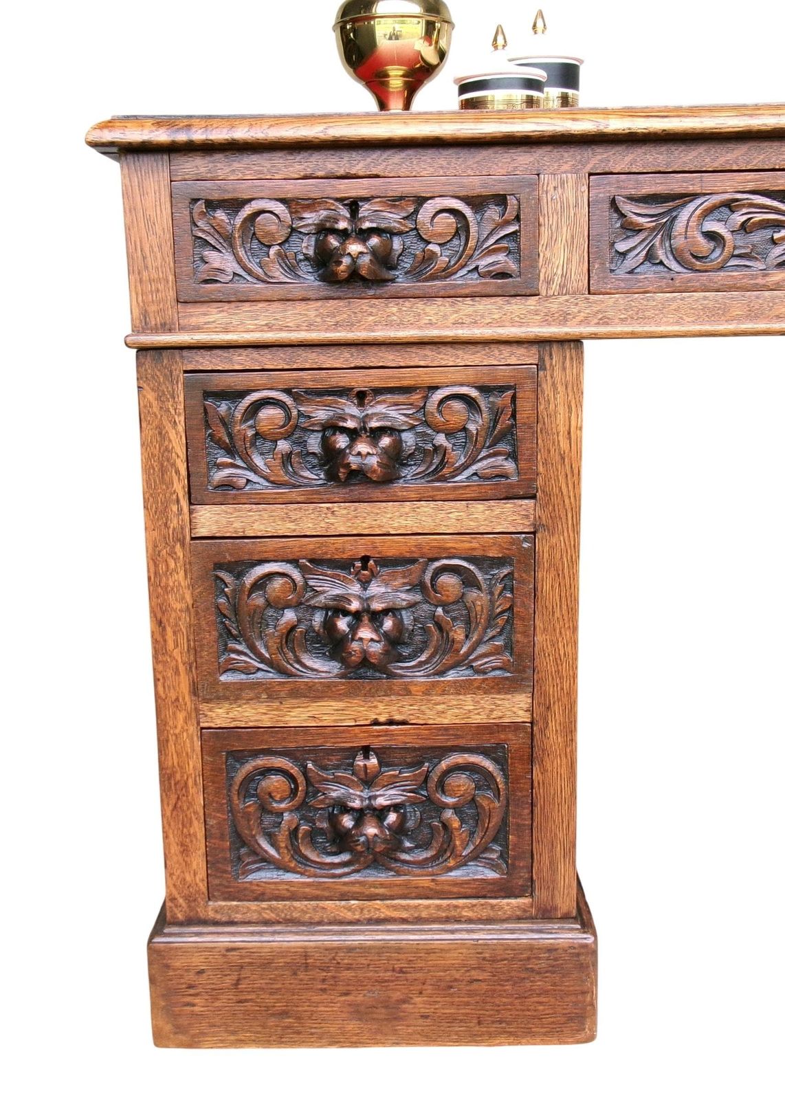 Victorian Lion Mask Oak Desk, Red Leather Top, Antique Carved Flemish Study Library Office Furniture photo Furniture