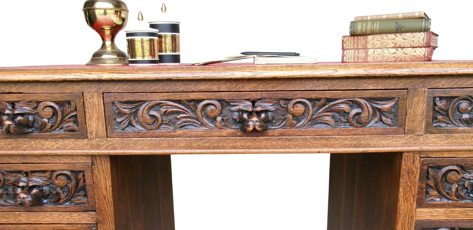 Victorian Lion Mask Oak Desk, Red Leather Top, Antique Carved Flemish Study Library Office Furniture photo 785.0