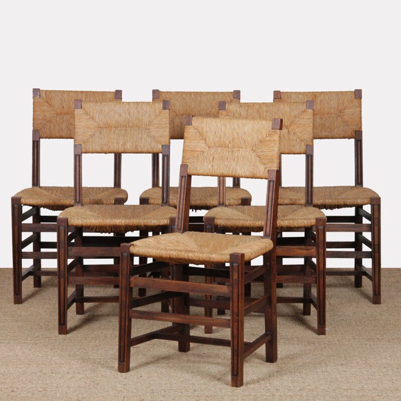 Set Of 6 Oak Wicker Chairs, French Craftsmanship, 1950