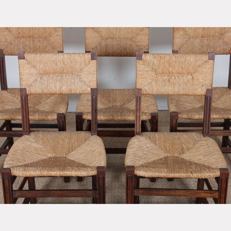 Set Of 6 Oak Wicker Chairs, French Craftsmanship, 1950 photo for sale