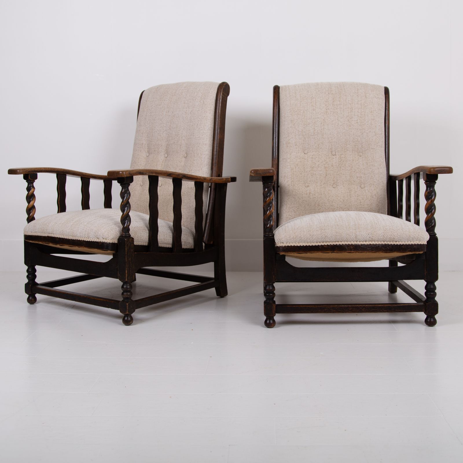 Pair Of Reclining Oak Armchairs New Upholstery C1915 photo for sale