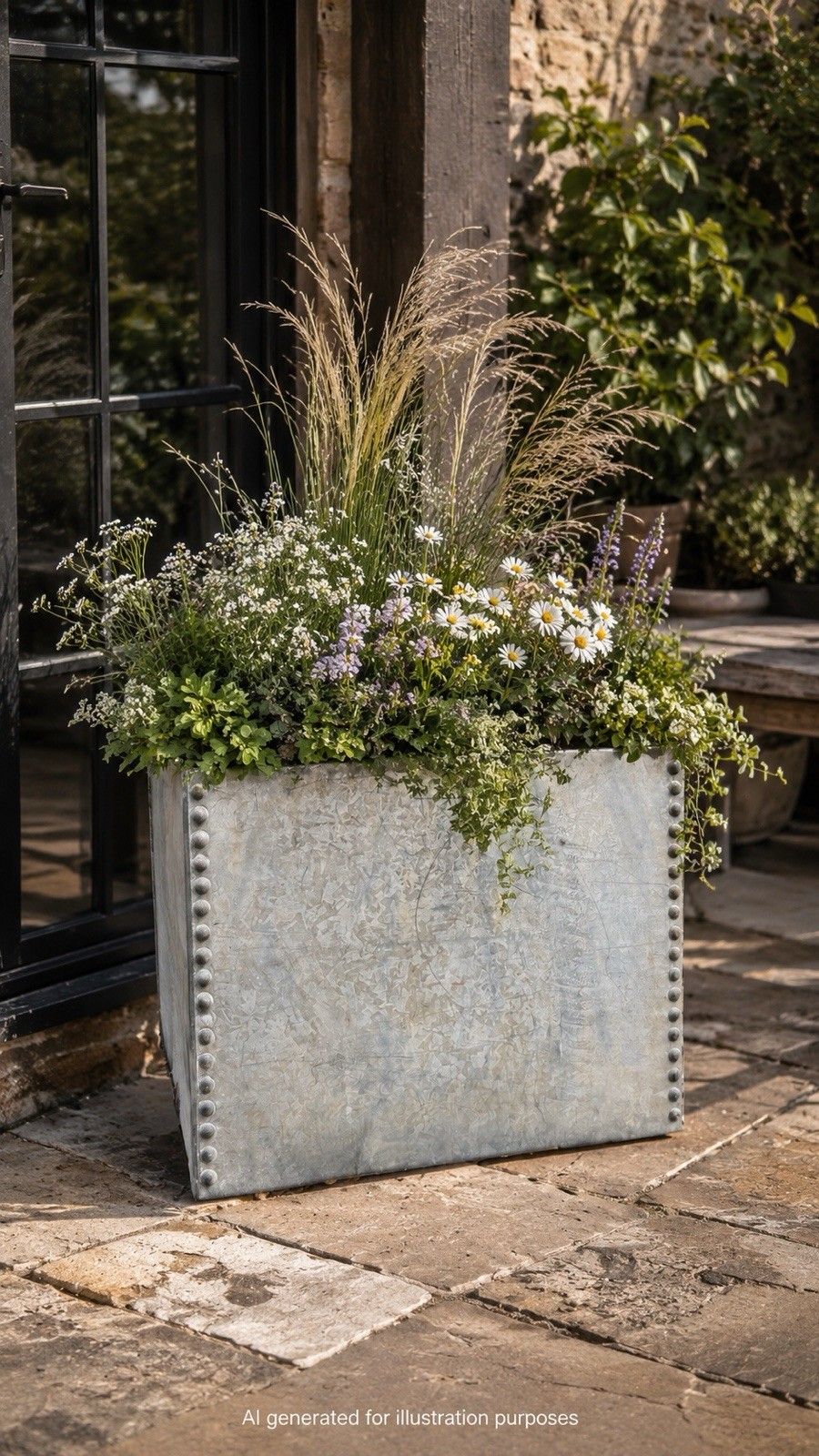 Riveted Galvanised Trough Planter /  Raised Flower Bed Plant Olive Tree Pot (T2 photo vintage