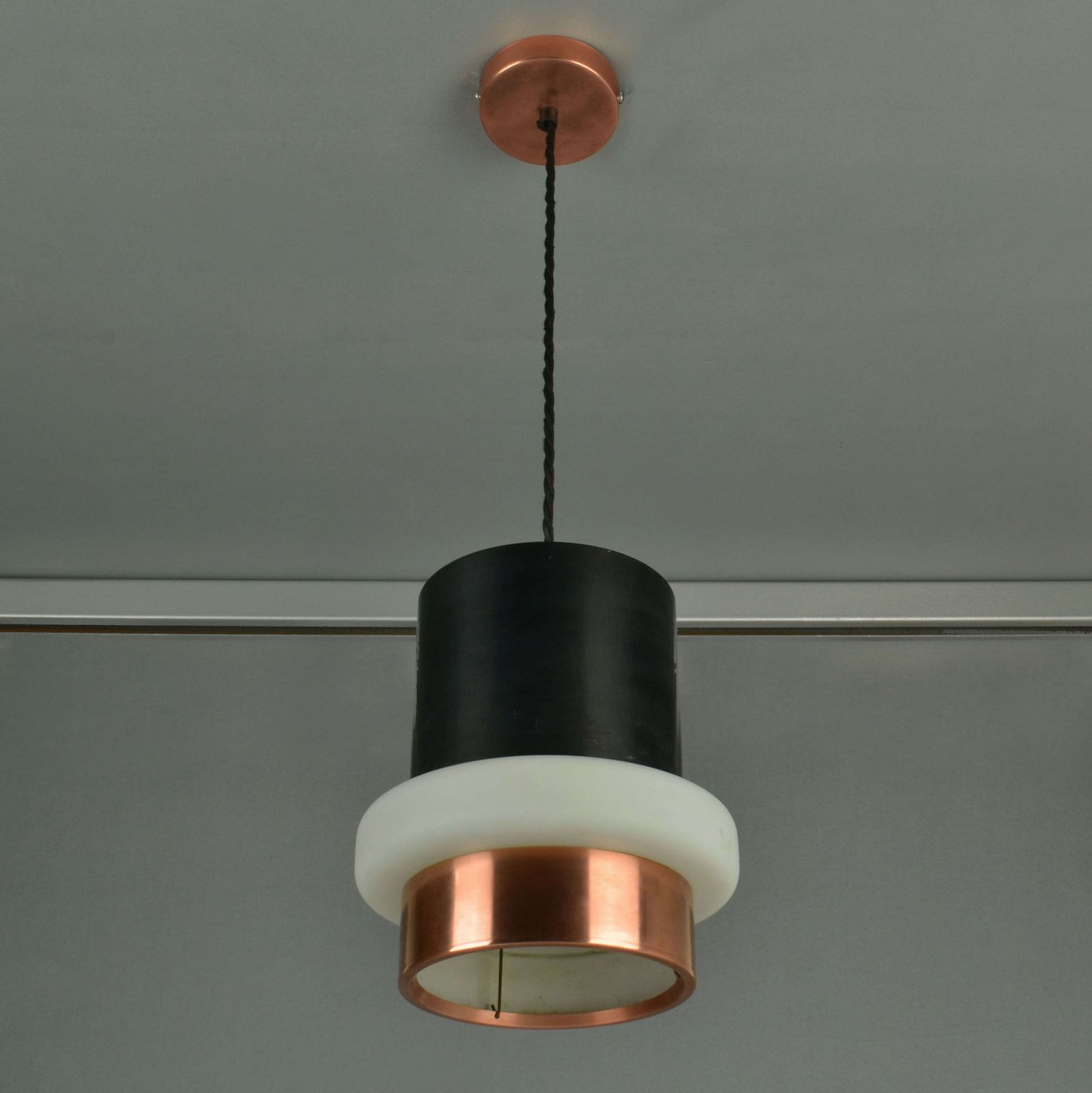 Set Of Modernist Black Metal, Copper And Glass Pendants By Philips 1960' S photo for sale