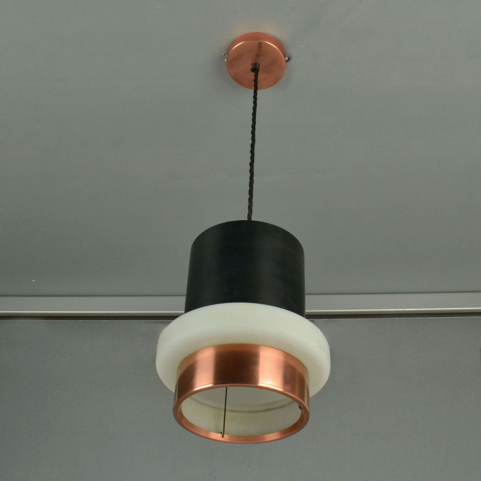 Set Of Modernist Black Metal, Copper And Glass Pendants By Philips 1960' S photo Lighting