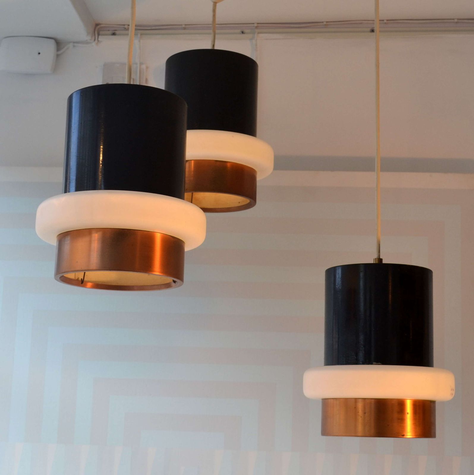 Set Of Modernist Black Metal, Copper And Glass Pendants By Philips 1960' S photo vinterior