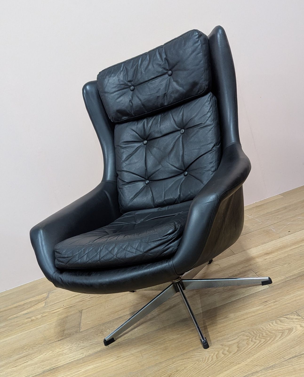 Midcentury Danish Black Leather Swivel Lounge Chair photo for sale