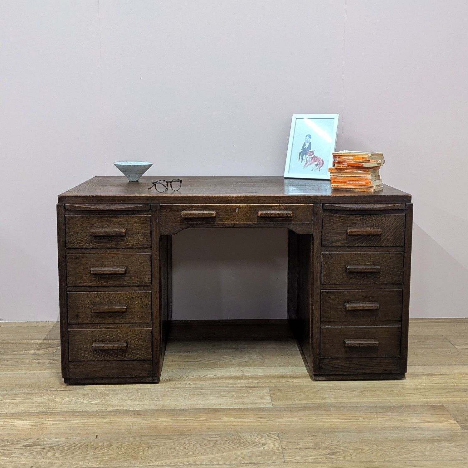Large Antique Early 20th Century Dark Oak Pedestal Desk