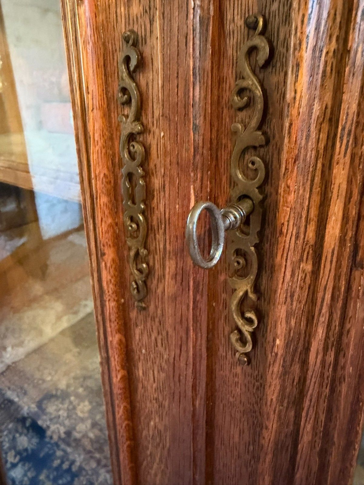 photo furniture Tall French Antique Carved Oak Glazed Bookcase/Cabinet Circa 1890