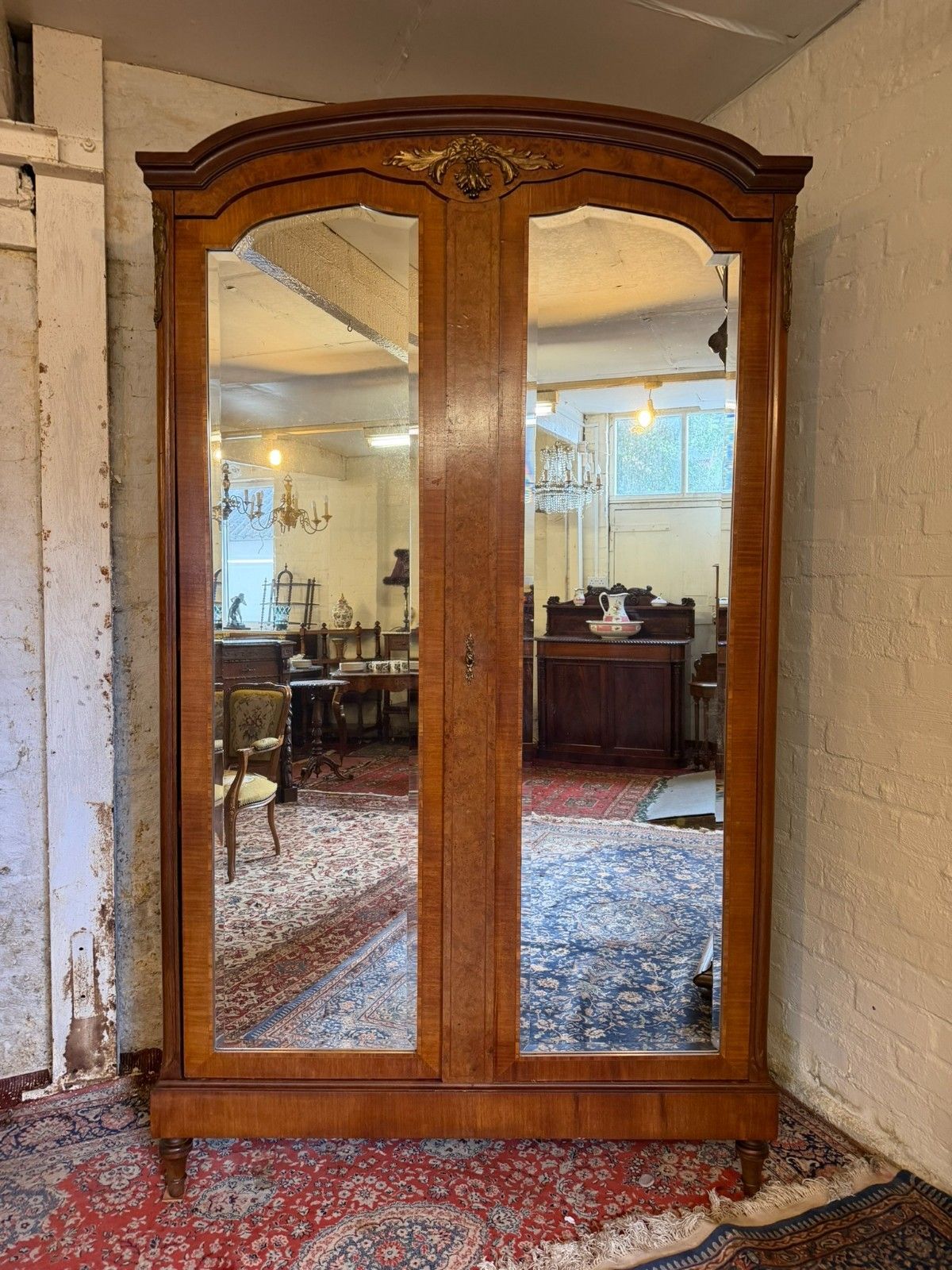 Antique French Burr Walnut Louis XV Mirror Door Armoire Circa 1900