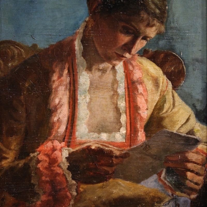 Peinture française, portrait d'une femme à la lettre, datée 1979 photo Art