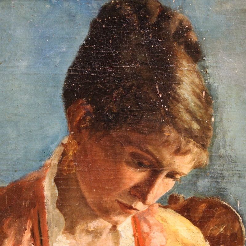 Peinture française, portrait d'une femme à la lettre, datée 1979 photo buy
