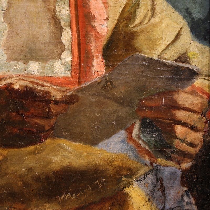 photo vinterior Peinture française, portrait d'une femme à la lettre, datée 1979