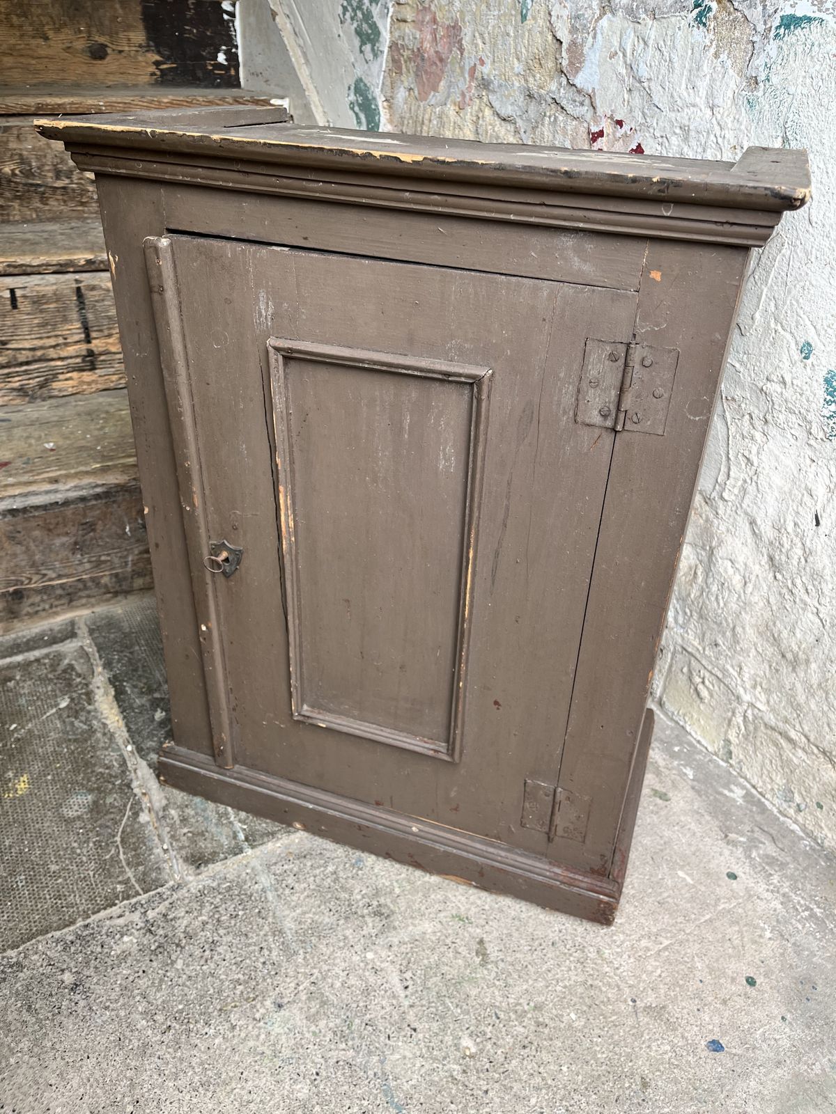 19th Century Rustic French Small Cupboard In Original Brown Paint