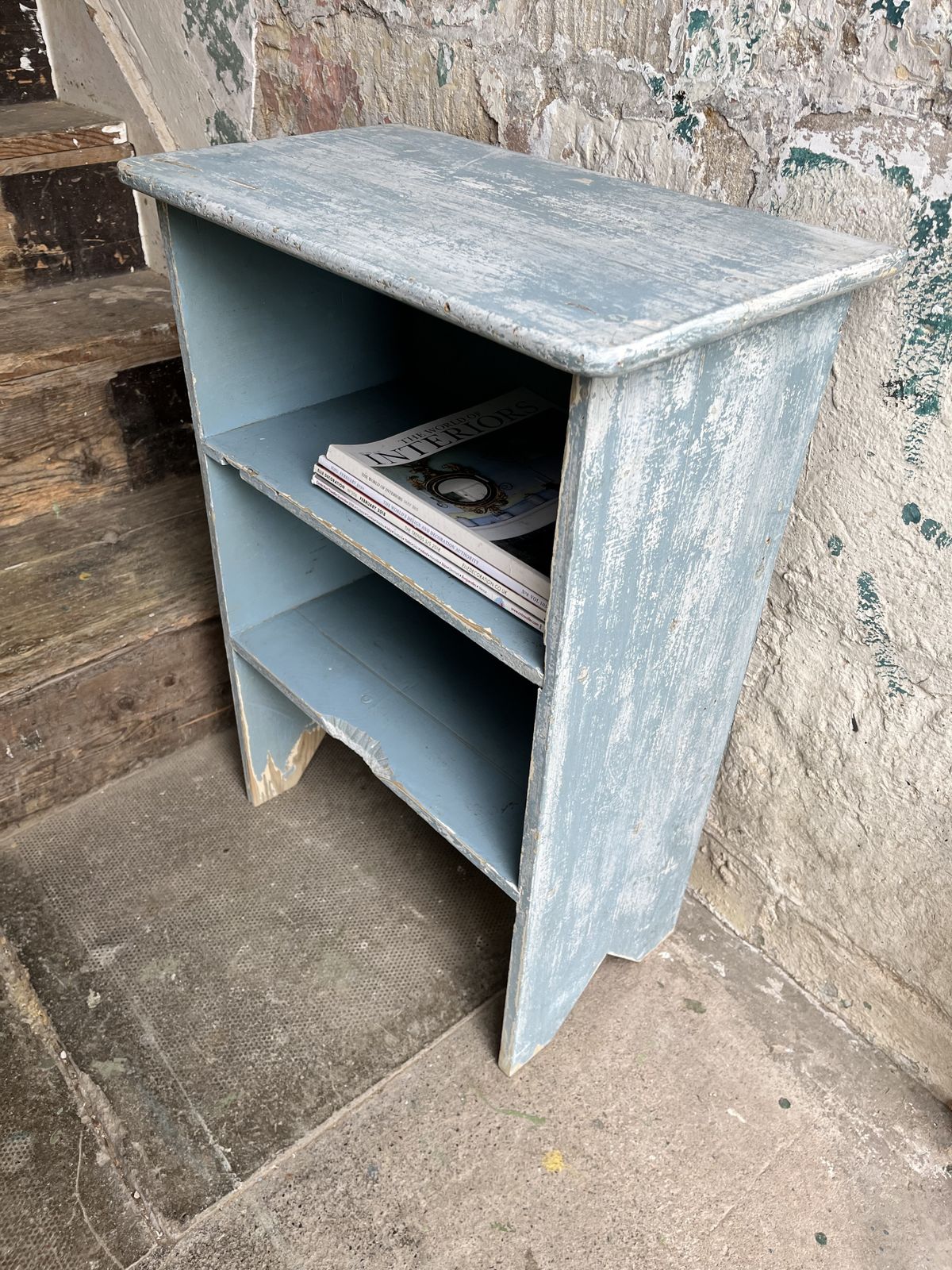 Edwardian Small Pine Bookcase In Distressed Blue Paint