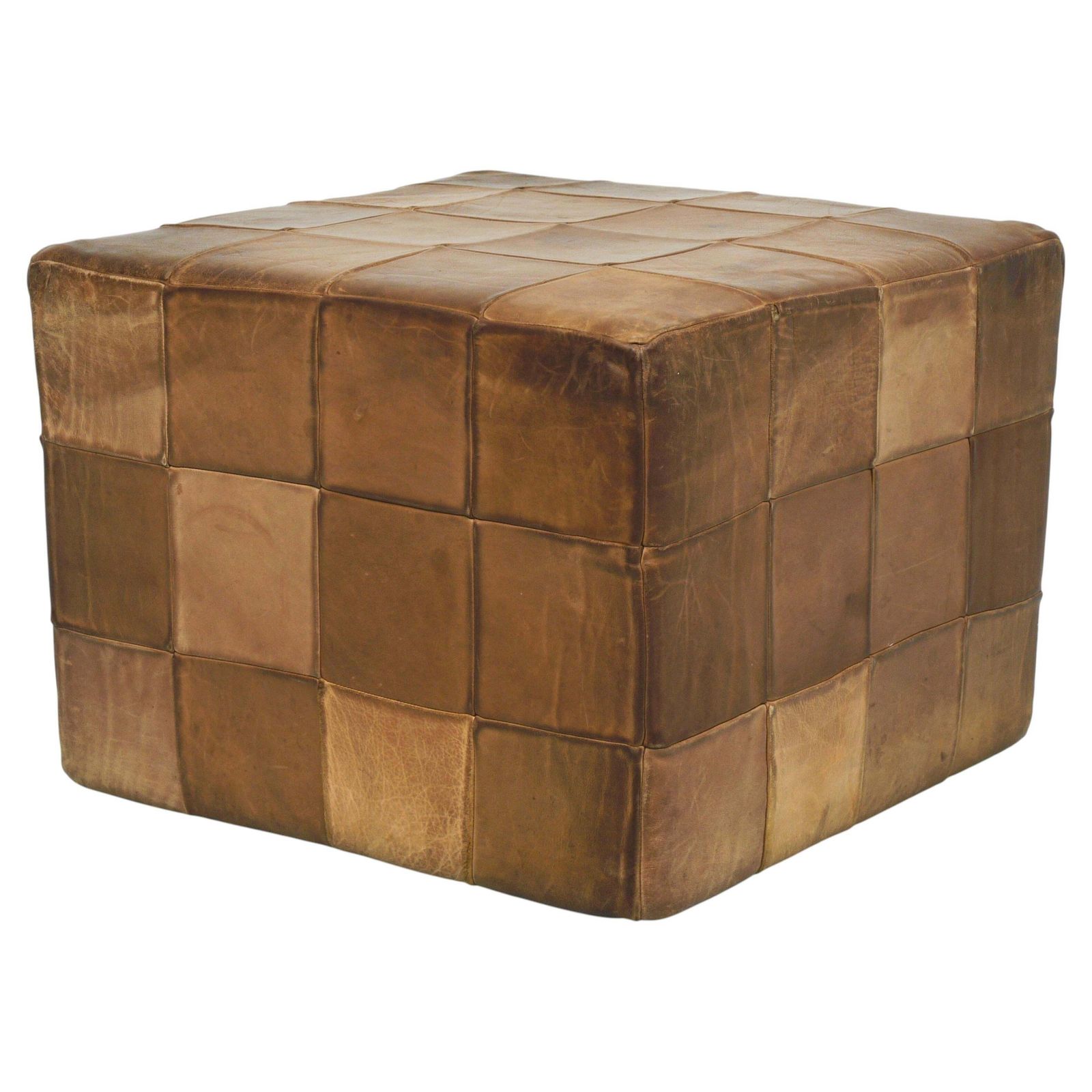 De Sede Patchwork Leather Cube Stool, Pouf, Ottoman, Switzerland, 1970s