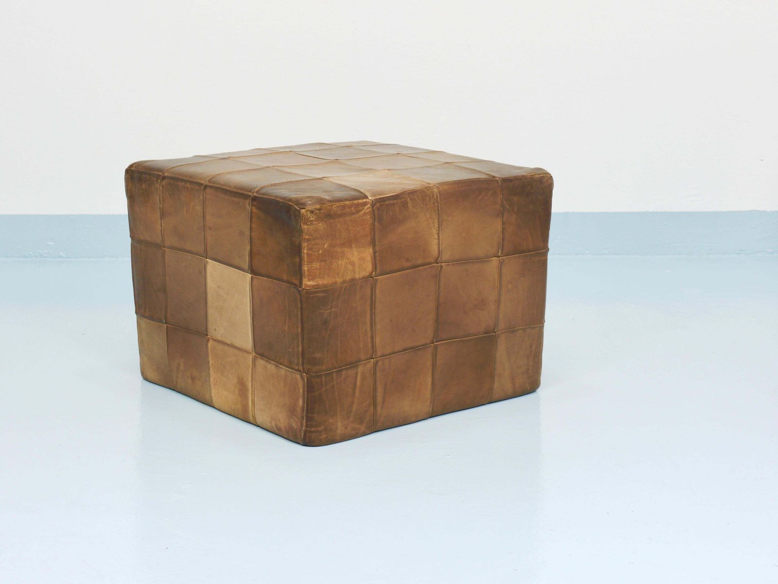 Furniture De Sede Patchwork Leather Cube Stool, Pouf, Ottoman, Switzerland, 1970s photo