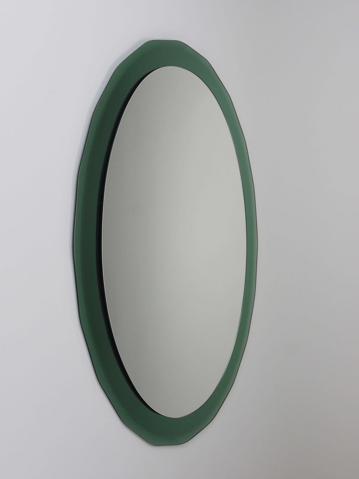 photo for sale Cristal Arte Oval Green Grey Mid Century Scalloped Wall Mirror, Italy, 1960s