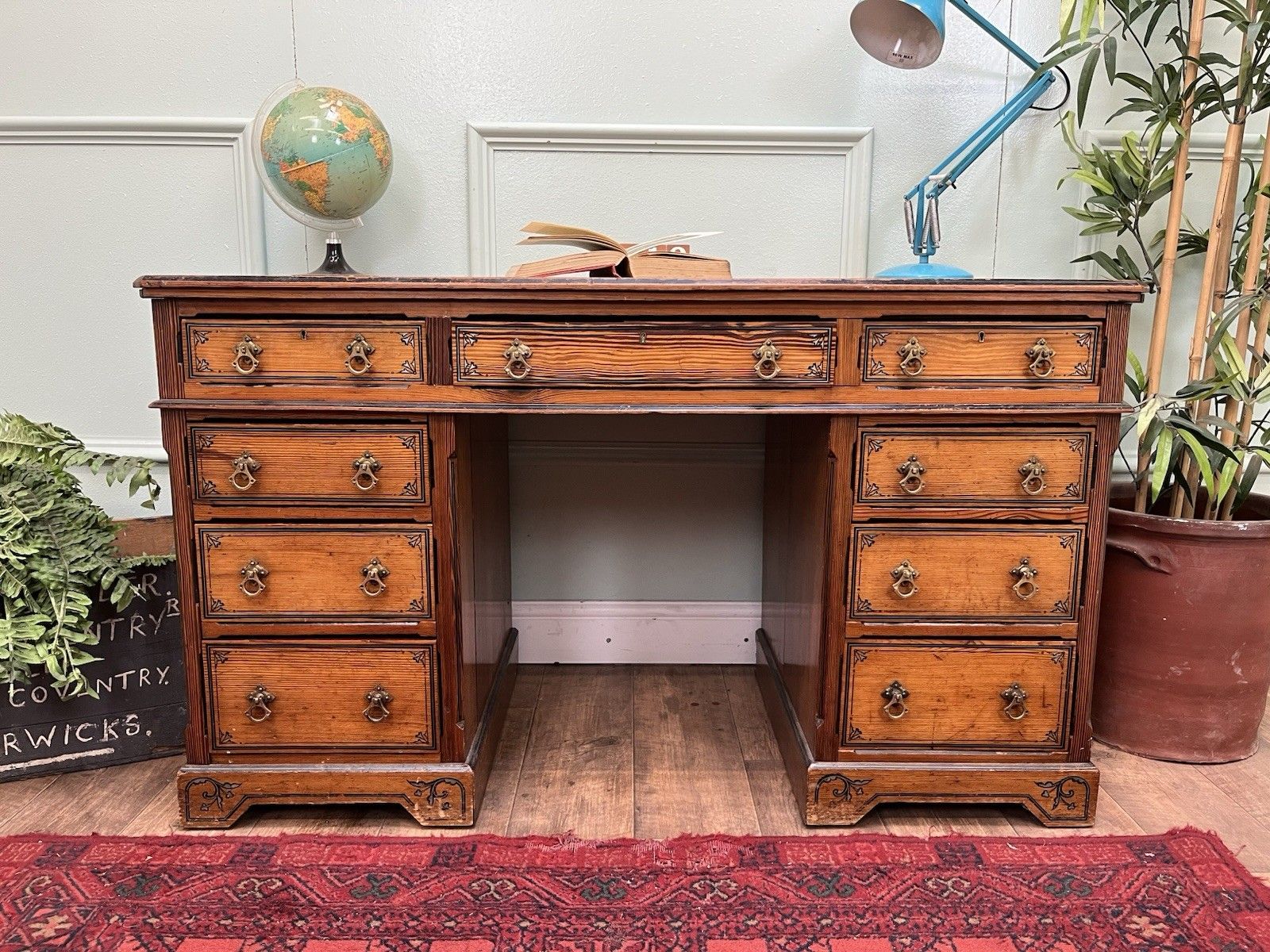 Stunning Original Painted Pine Antique Gothic Rival Desk photo furniture