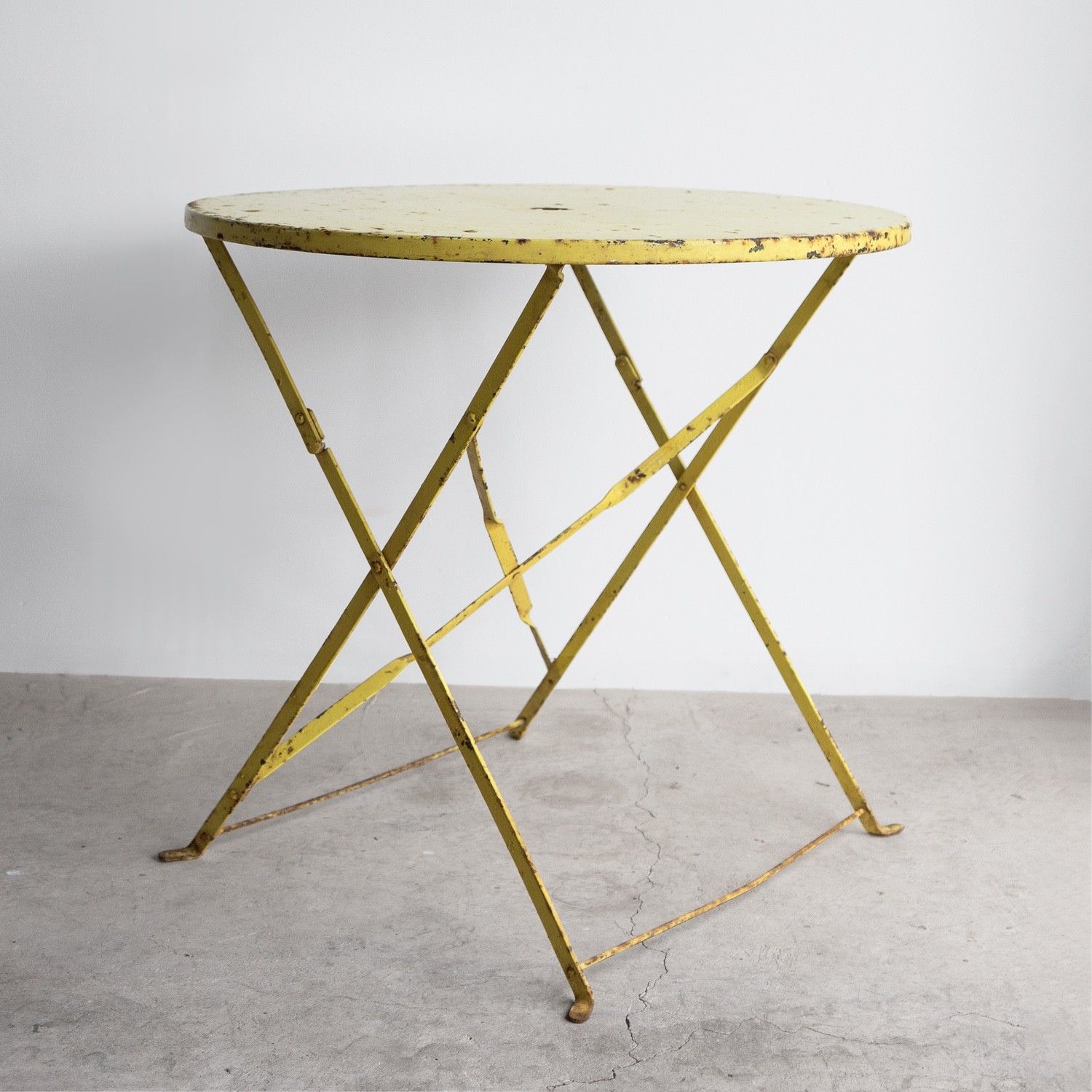Vintage French Yellow Painted Iron Circular Bistro Table, C. 1950s photo vinterior