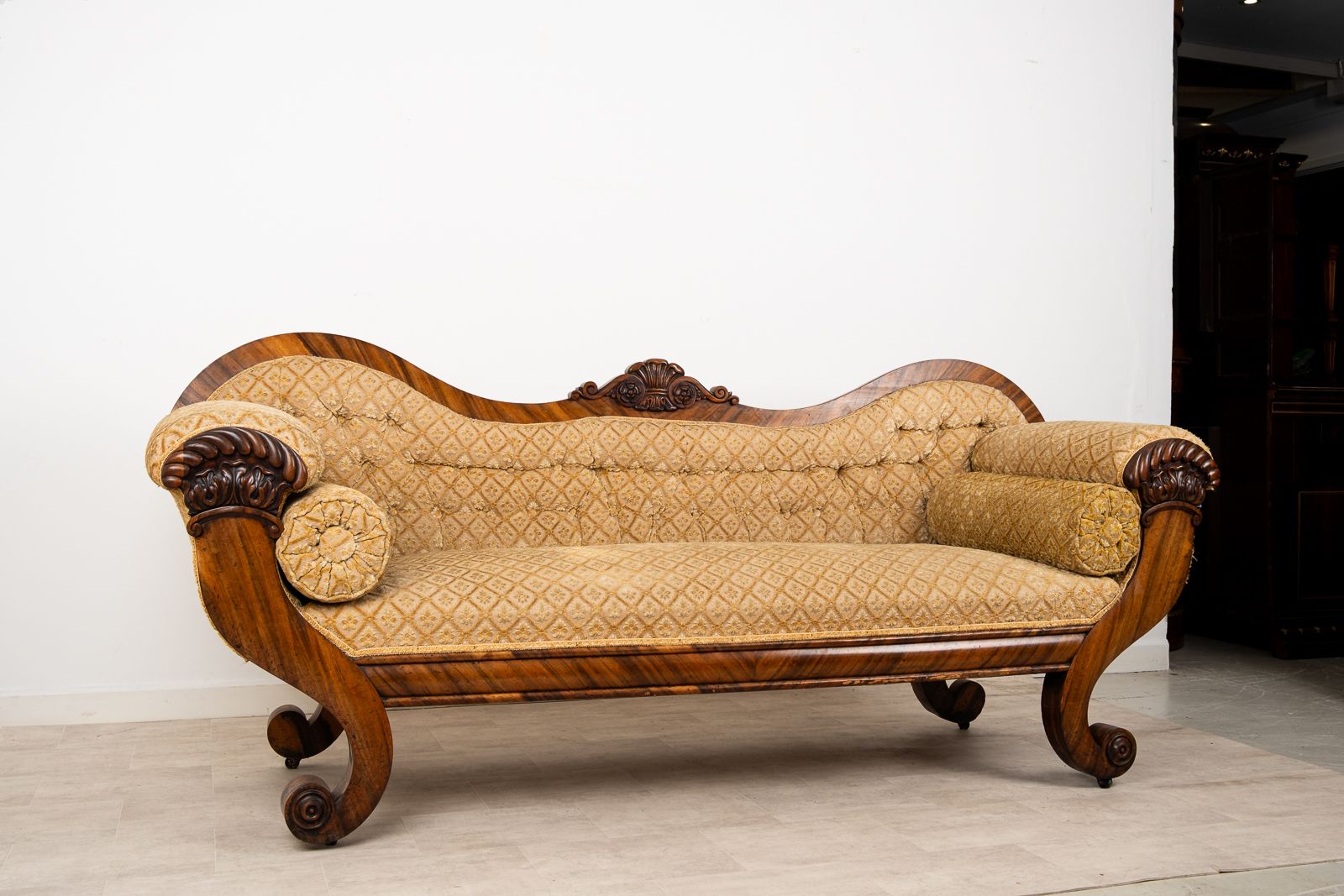 Victorian Rosewood Upholstered Settee Sofa With Carved Scroll Ends C.1880 photo for sale