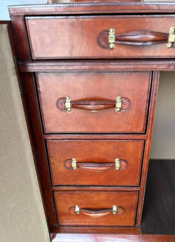Antique Style Leather Campaign Furniture Desk Or Dressing Table & Stool photo vintage