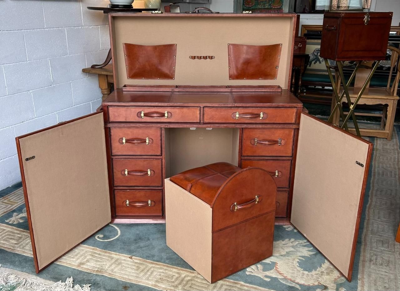 Furniture Antique Style Leather Campaign Furniture Desk Or Dressing Table & Stool photo