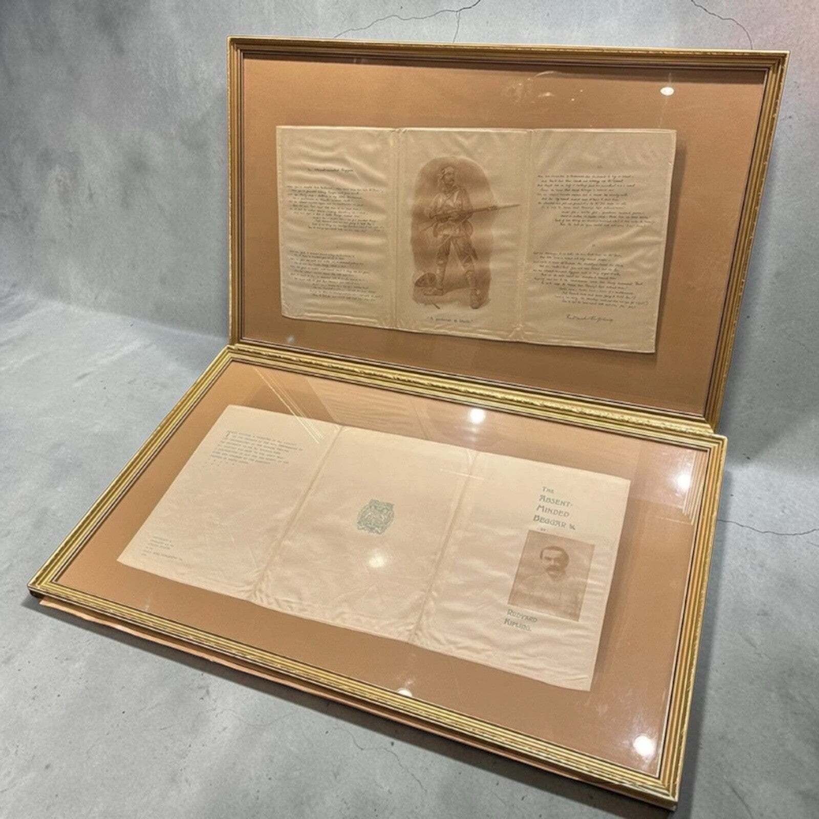 2 Original Framed Silk Souvenir From Garrick Theatre, Rudyard Kipling 1899.