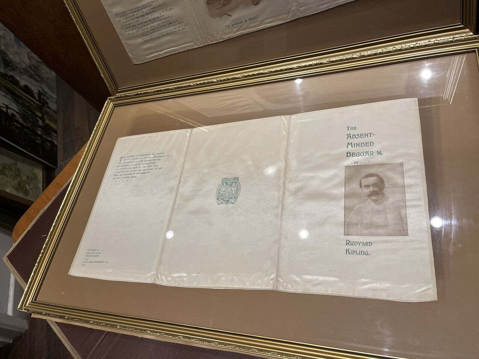 2 Original Framed Silk Souvenir From Garrick Theatre, Rudyard Kipling 1899. photo Home Decor