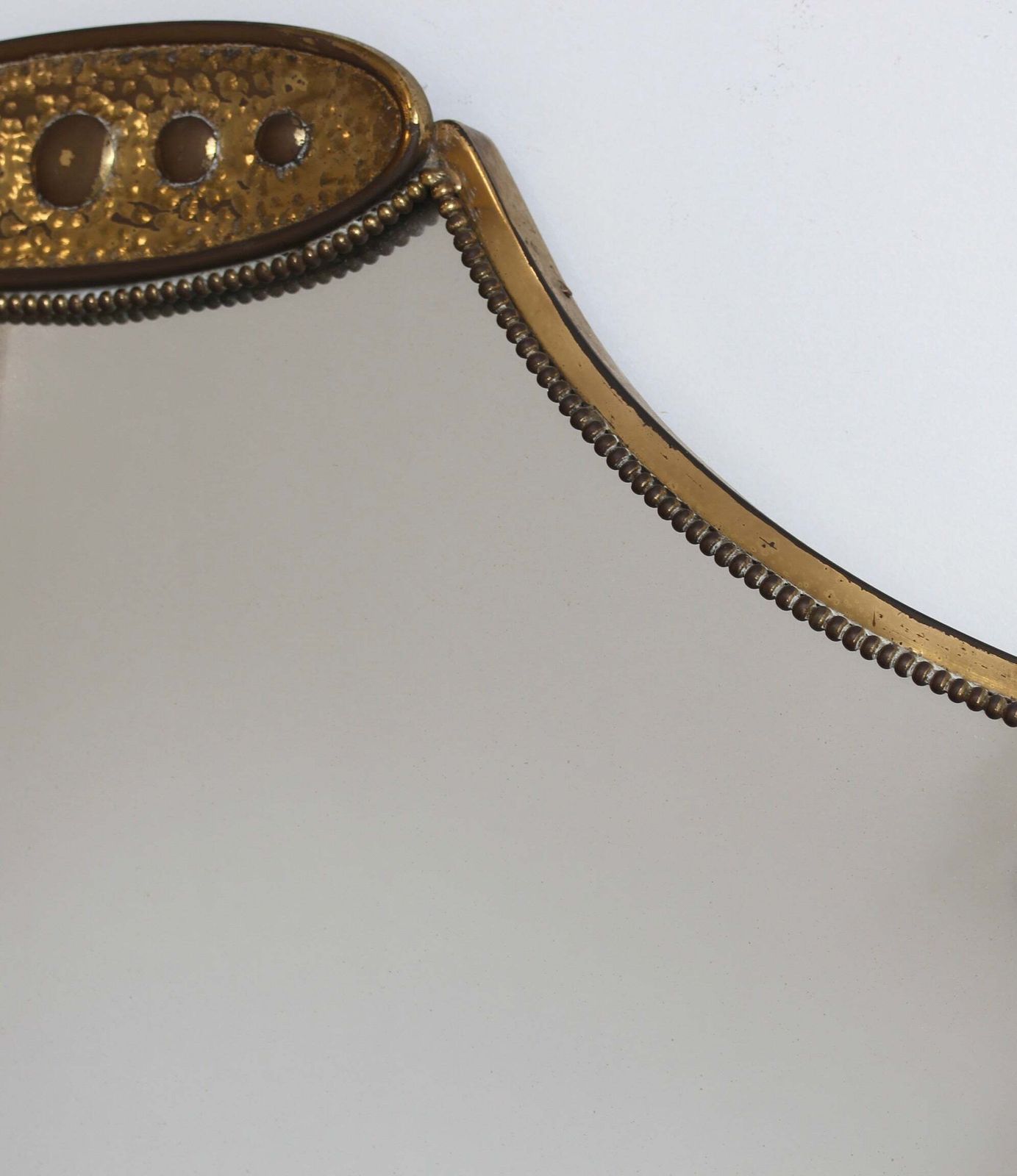 photo for sale Mid Century Italian Wall Mirror With Beaded Brass Frame And Hammered Decoration (Circa 1950s)
