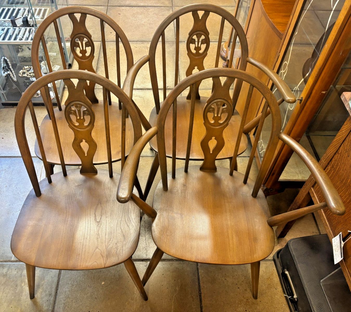Four Mid Century Ercol Dining Chairs Two Carvers