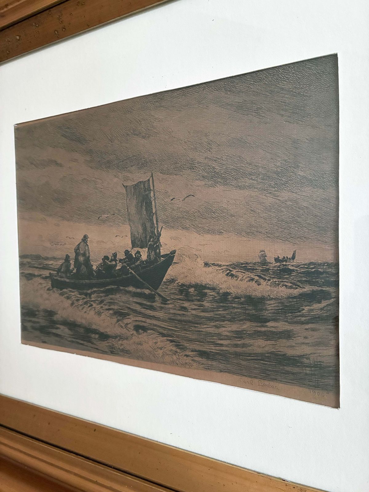 Antieke ets van zeilboot, gesigneerd, nautische kunst, 1900 photo 645.0