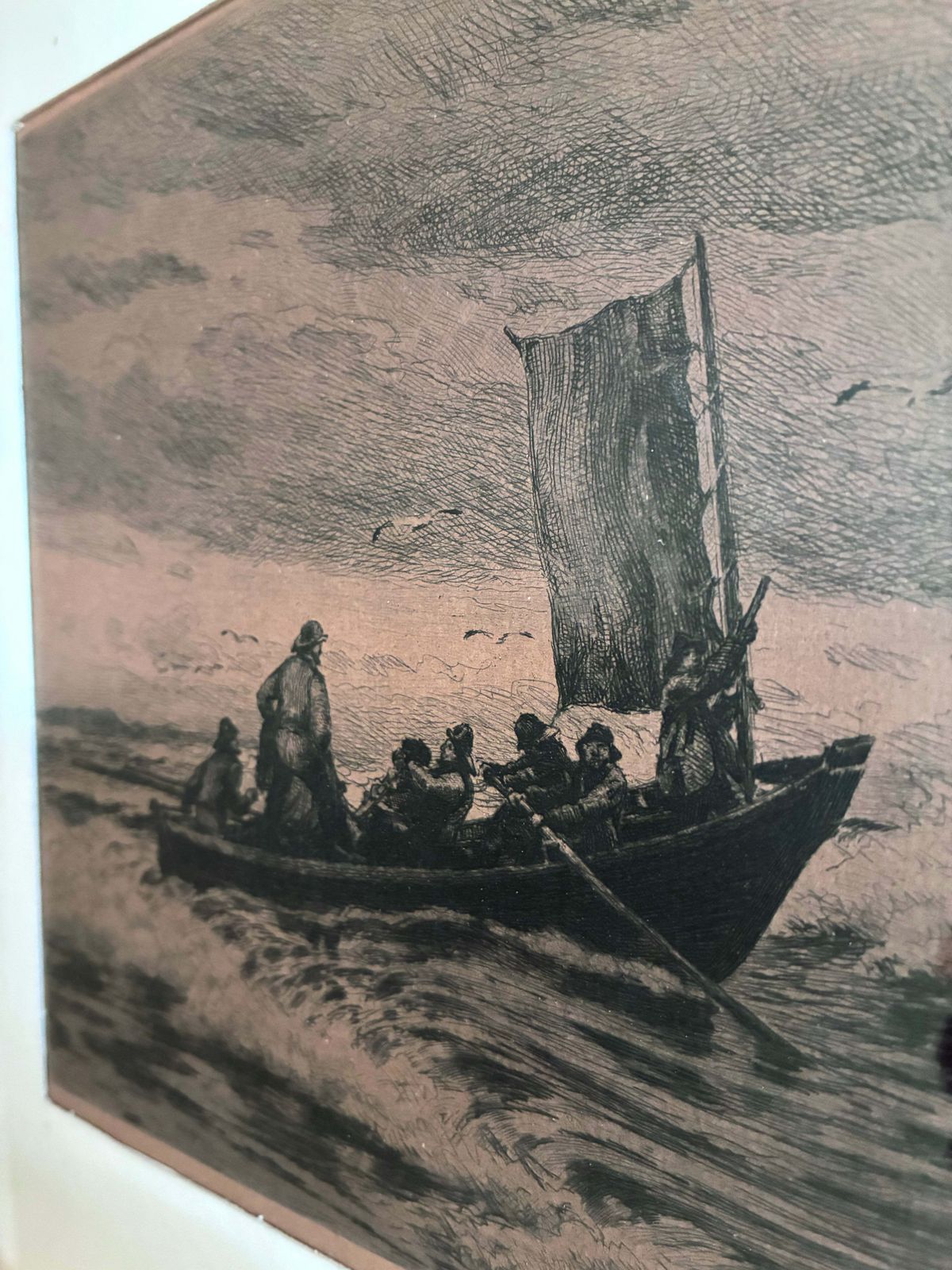 Eau-forte d'époque représentant un voilier, art nautique signé, 1900 photo buy