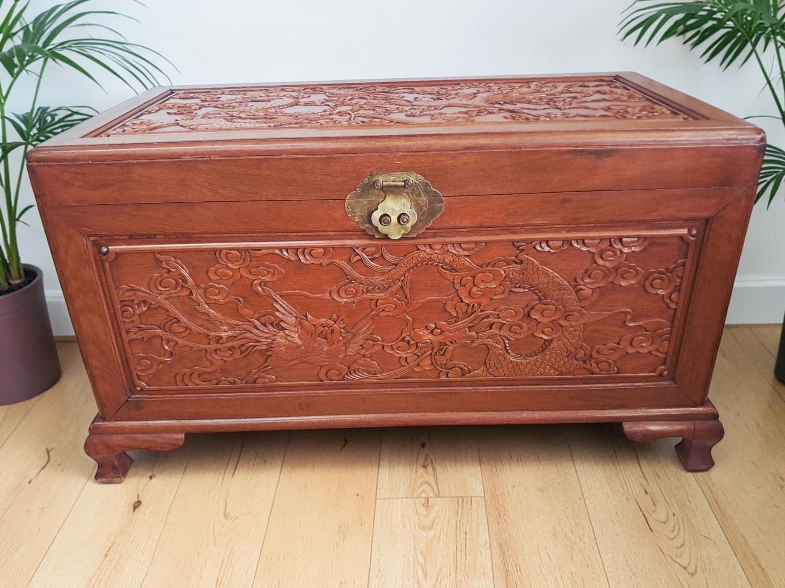 Large Oriental Camphor Wood Trunk Dragon Phoenix Carved Blanket Chest Coffee Tab